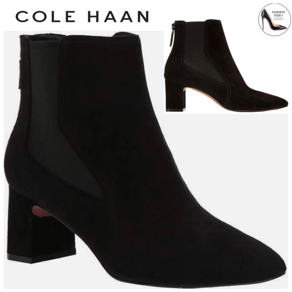 Cole Haan Etta Black Suede Pointed Toe Ankle Booties Block Heel Leather Boot 9.5 - Picture 1 of 13